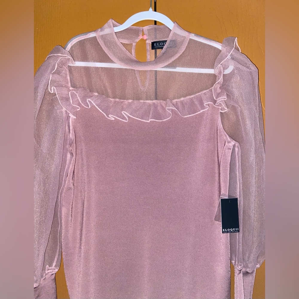 Eloquii Womens Sheer Puff Long Sleeve Top High Neck Ruffle Organza Pink Plus
